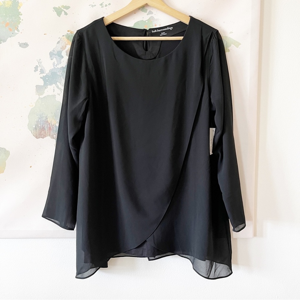 Soft Surroundings Top Size Small Belvedere Blouse Sheer Sleeves Layers Black NWT